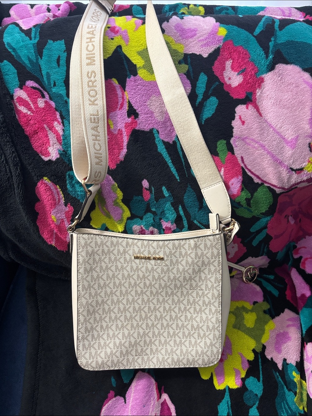 Michael Kors Beige Logo-Print Crossbody with Cream Strap